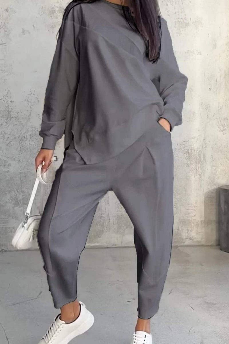 CWSS01317_CASUAL ROUND NECK LOOSE IRREGULAR SWEATSHIRT SUIT