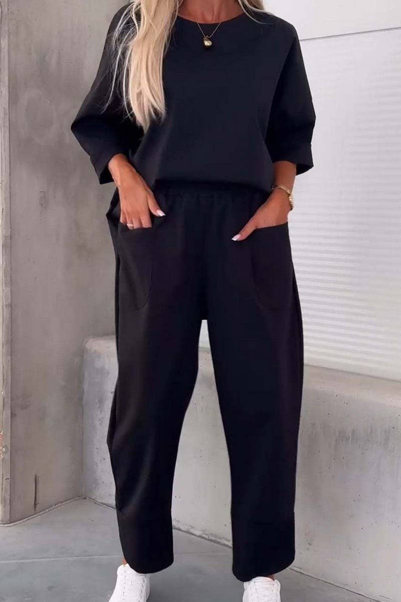CWSTB1415_SOLID COLOR ROUND NECK LONG SLEEVE TROUSERS SUIT