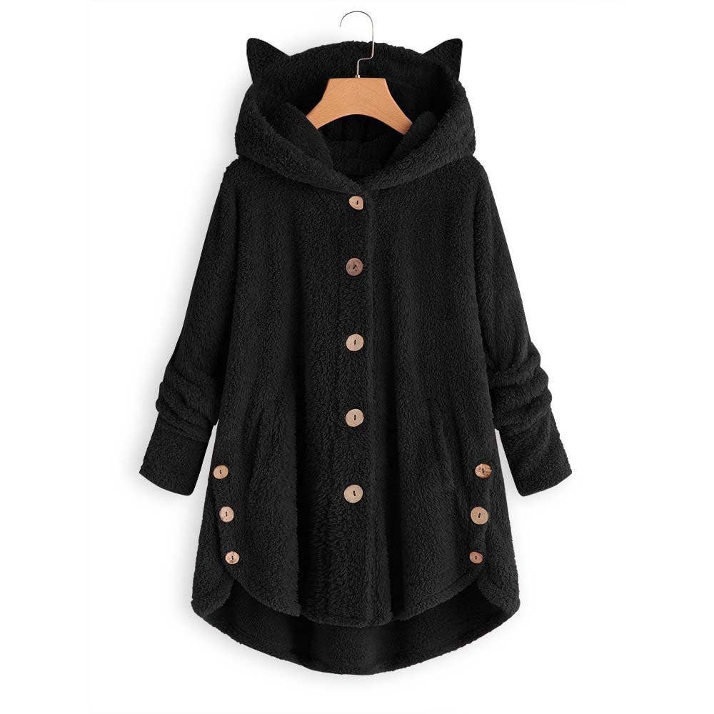 BUTTON-UP HOODED CAT EARS PLUSH SOLID COAT