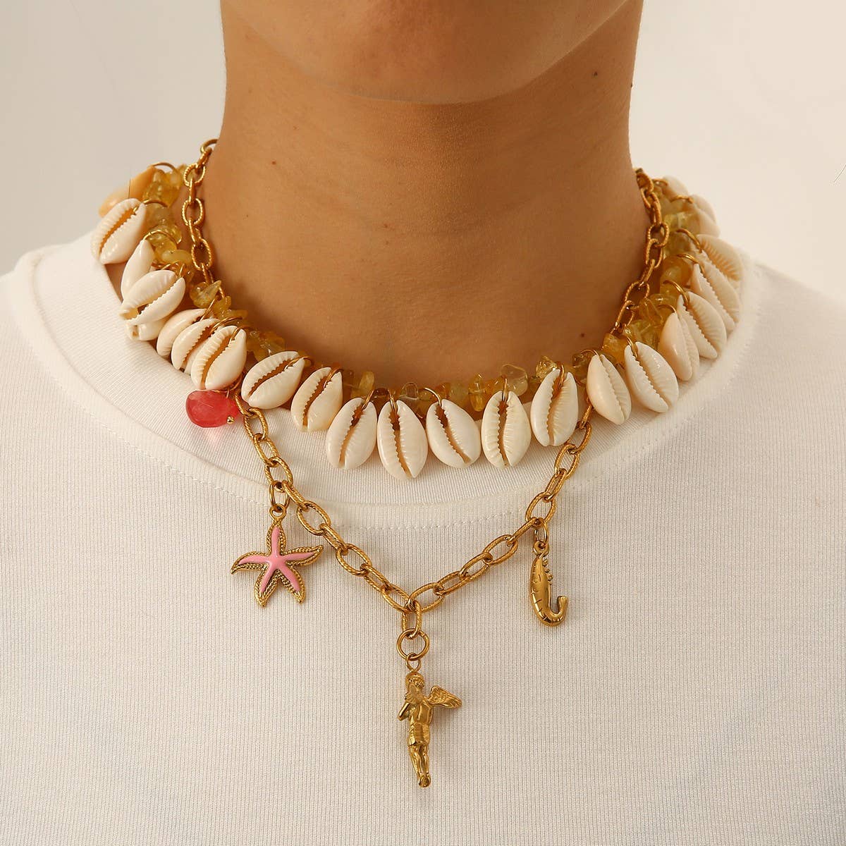 Ocean Shell Necklace with Starfish & Shrimp_CWMM8856