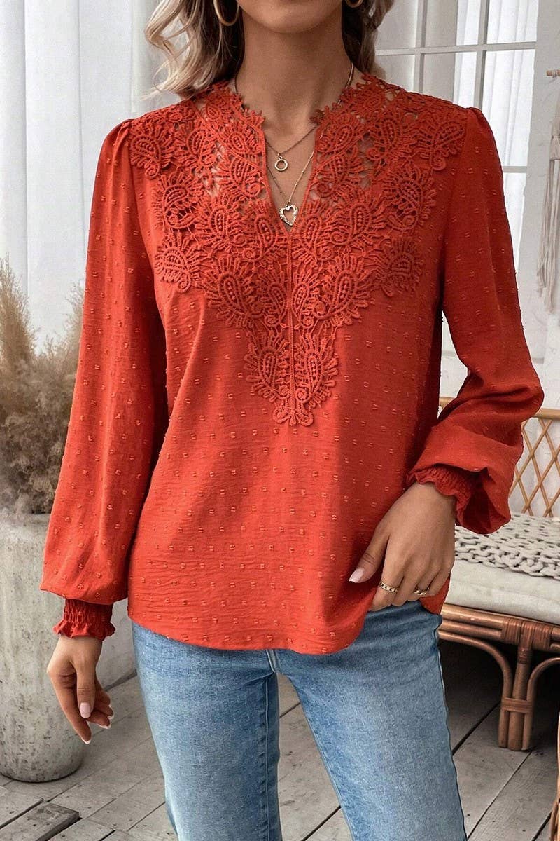 CWTTL2006_V-NECK LACE SOLID COLOR LONG-SLEEVED CASUAL TOP