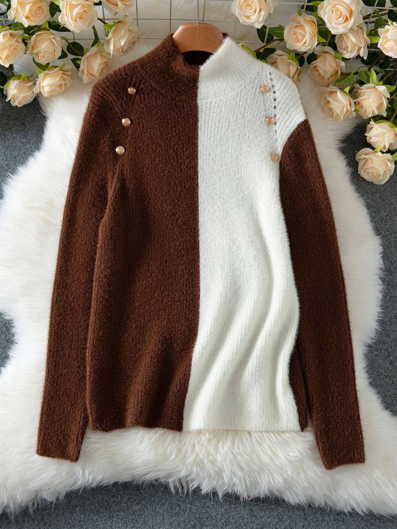 Design-sense color-blocked button knit sweater