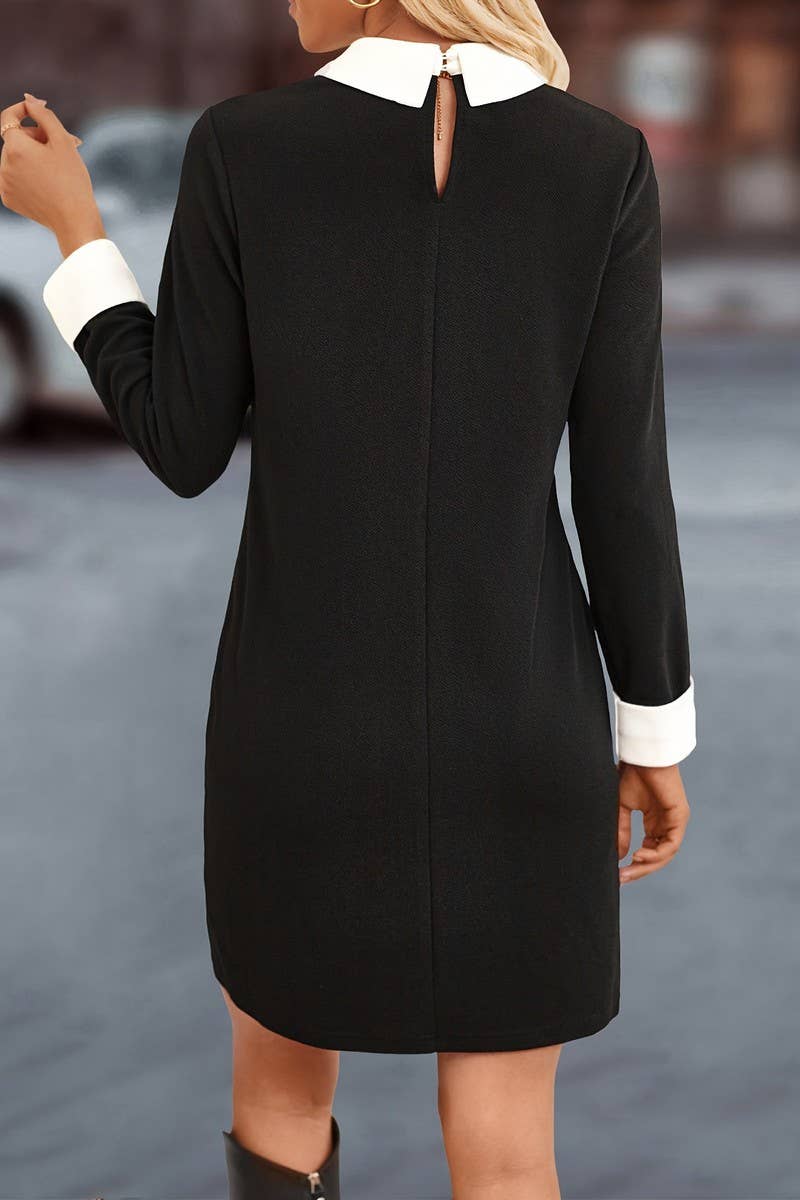 CWDSD7617_BEADED CASUAL LAPEL KNITTED LONG SLEEVE DRESS