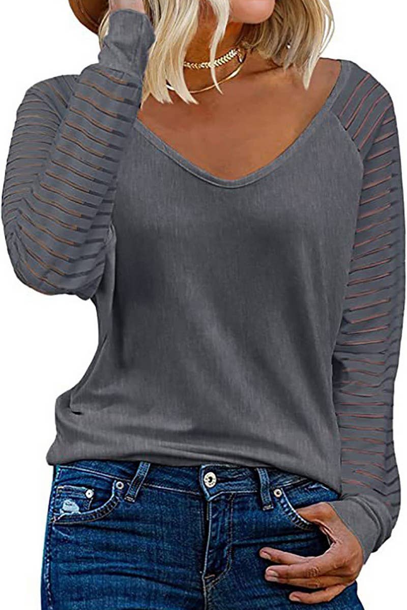 CWTTL00995_SPRING AND AUTUMN STRIPED V-NECK TOP