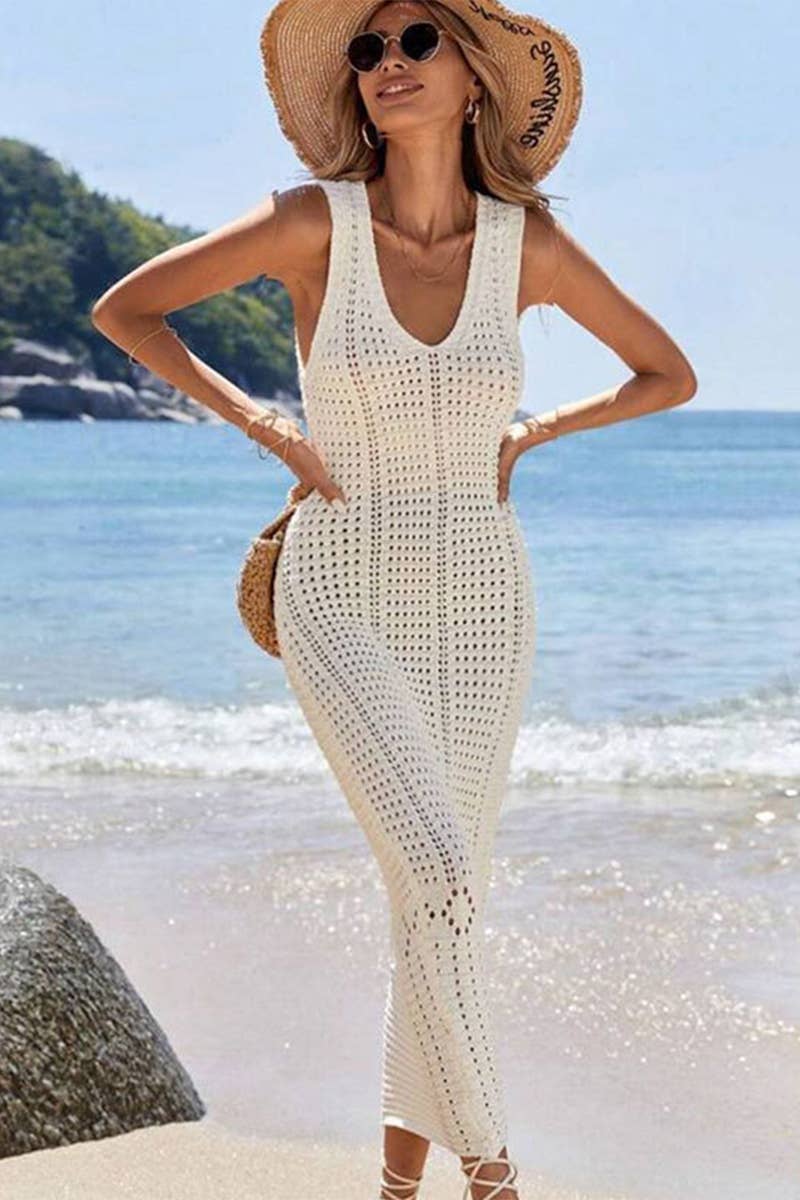 CWDHL0645_SOLID COLOR KNIT HOLLOW LONG VEST DRESS