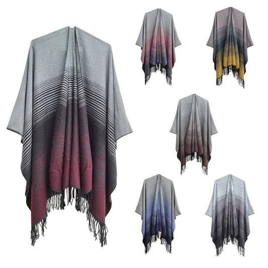 GRADIENT FINE LINES TASSELS WARM SHAWL CLOAK