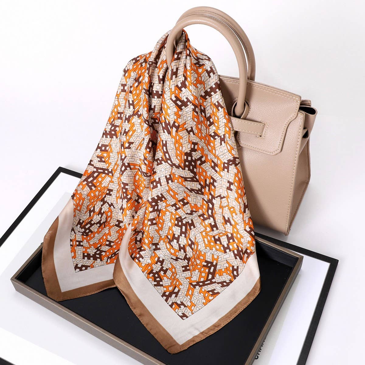 Vintage Letter Print Satin Square Scarf for Women