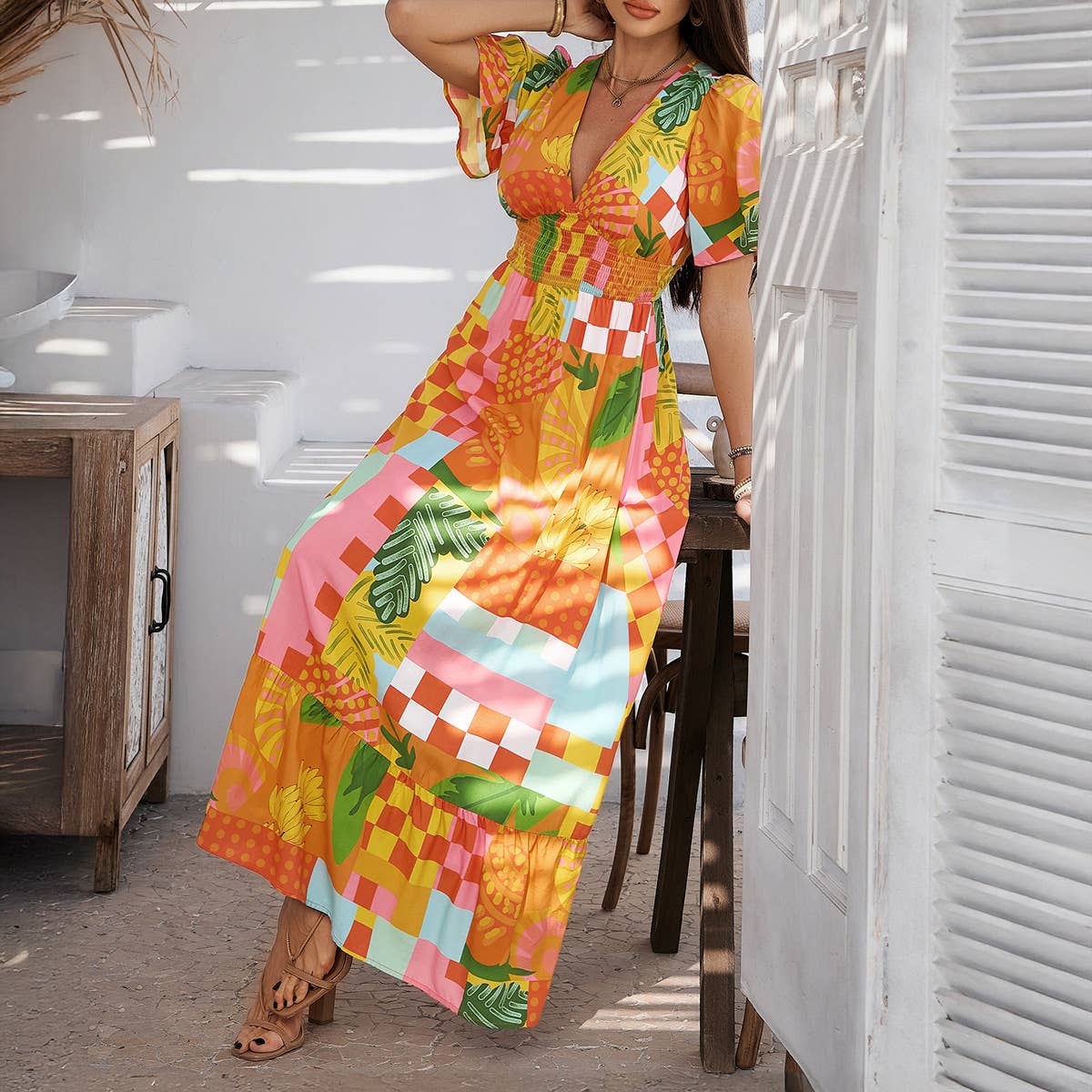 Bohemian Floral V-Neck High-Waist Dress