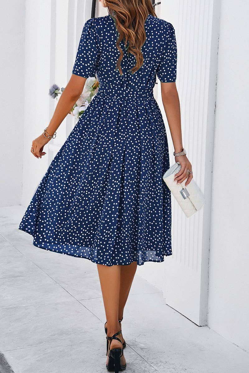 CWDSD7139_TEMPERAMENT CASUAL POLKA DOT LACE-UP PRINT DRESS