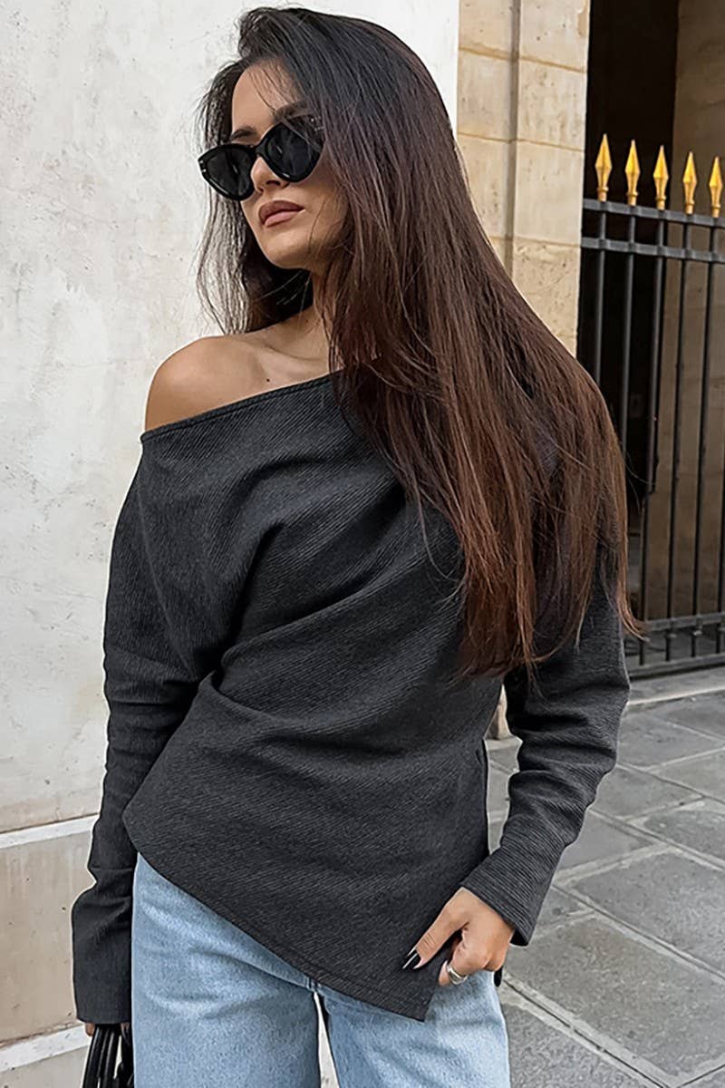 CWTBLL00609_OFF-THE-SHOULDER IRREGULAR KNIT T-SHIRT TOP