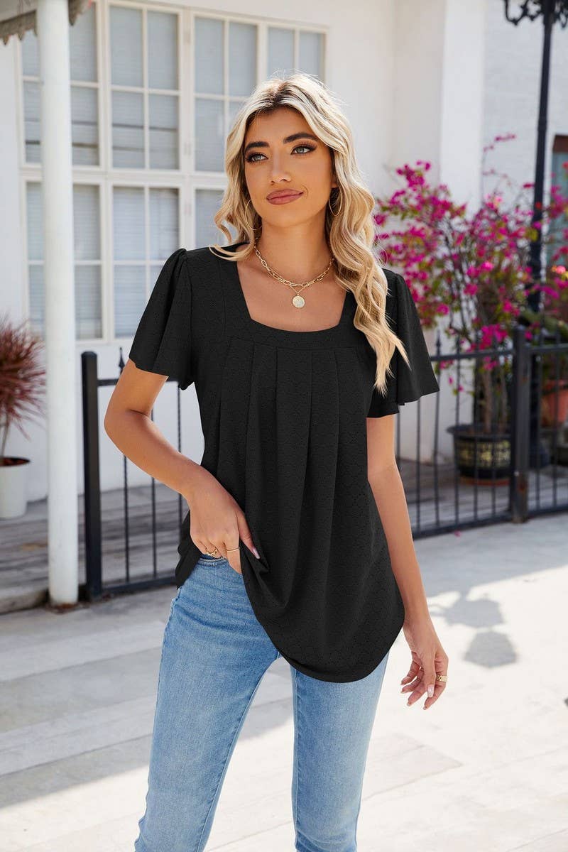 CWTTS0813_Squre Neck Short Ruffle Sleeve Knit Top