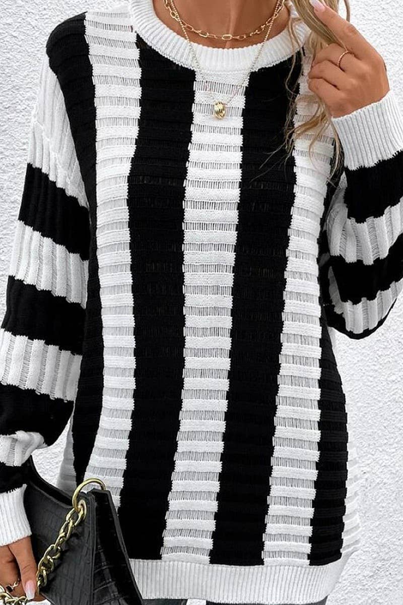 CWOSWL6280_STRIPED HOLLOW LONG-SLEEVED SWEATER TOP