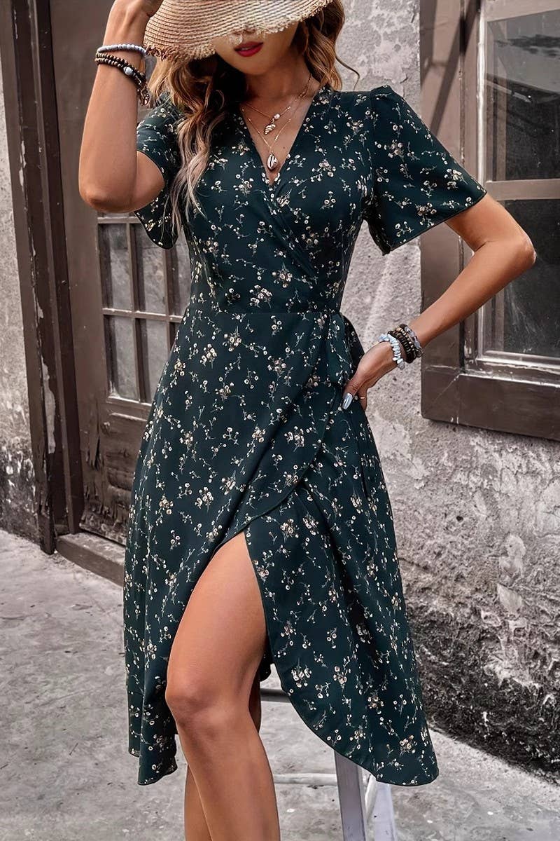 CWDMD6330_SUMMER FRENCH FLORAL SEXY LACE-UP WAIST DRESS