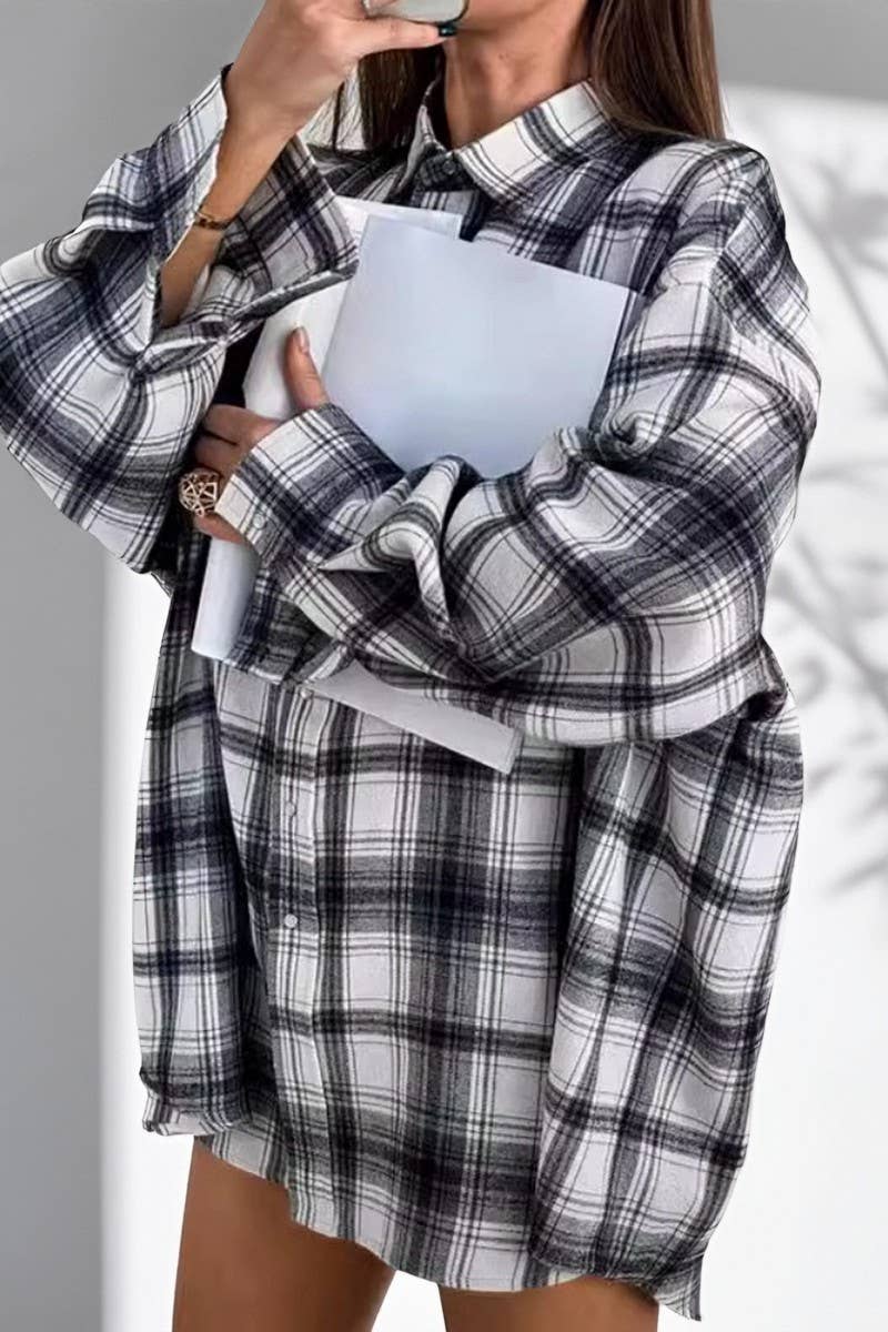 CWTBLL00617_RETRO BLACK AND WHITE PLAID LONG-SLEEVED SHIRT