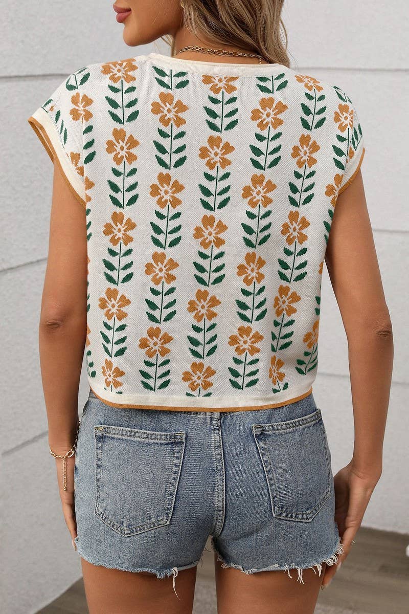 CWTBLS1714_NAVEL-BARING COLOR-BLOCK KNITTED FLOWER SWEATER