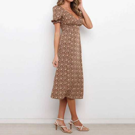 Deep V short sleeve waist slimming long dress