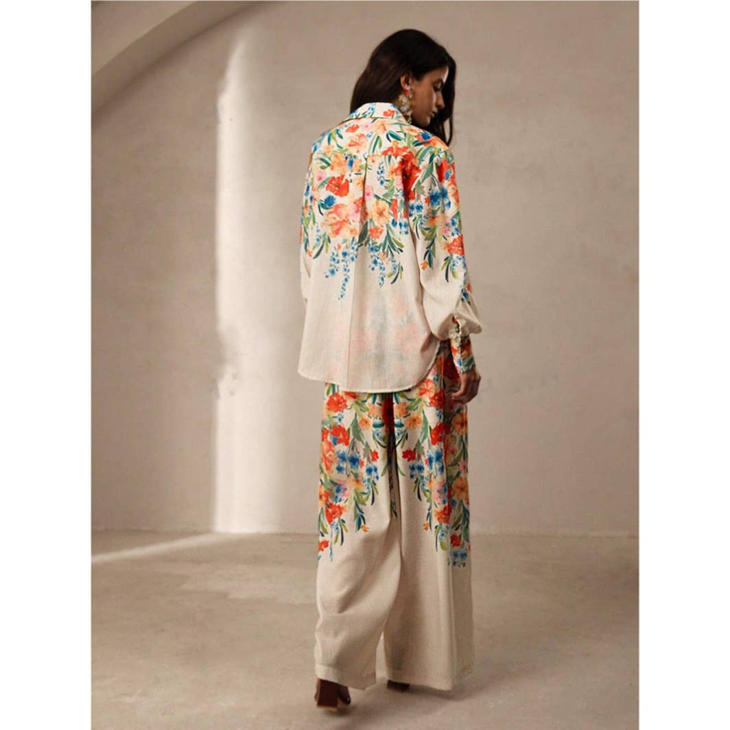 Fashion floral printed shirt and trousers set