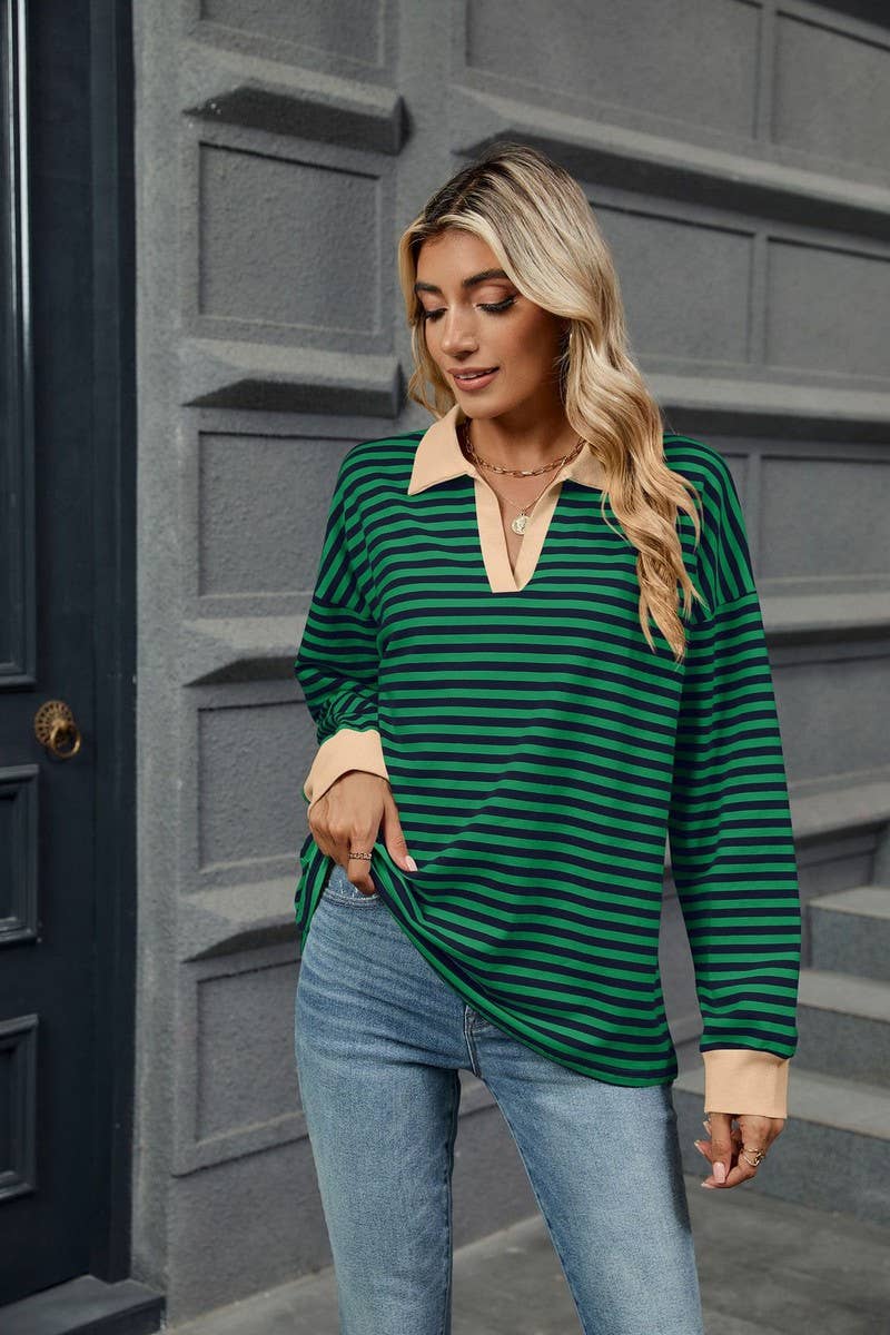 CWTBLL2361_CONTRAST COLOR LAPEL LOOSE STRIPED SWEATSHIRT