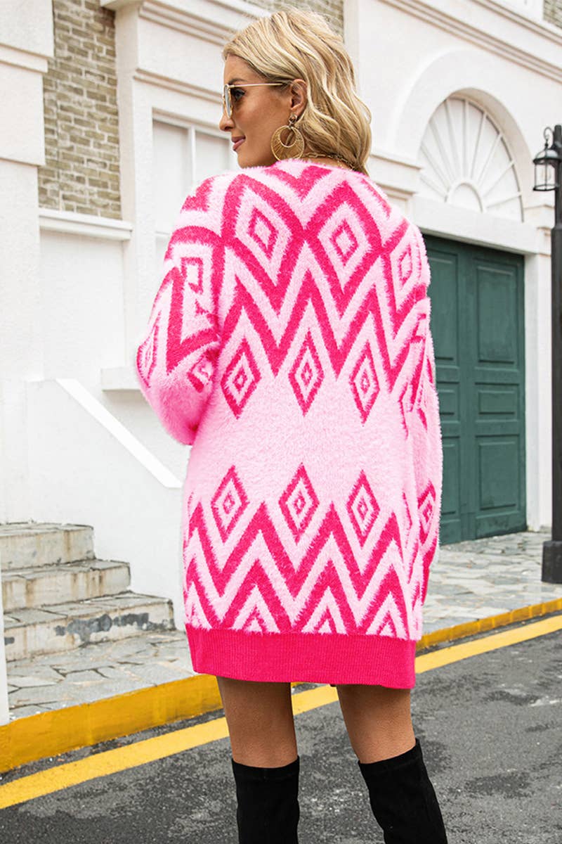 DIAMOND JACQUARD FLEECE UNBUTTONED CARDIGAN