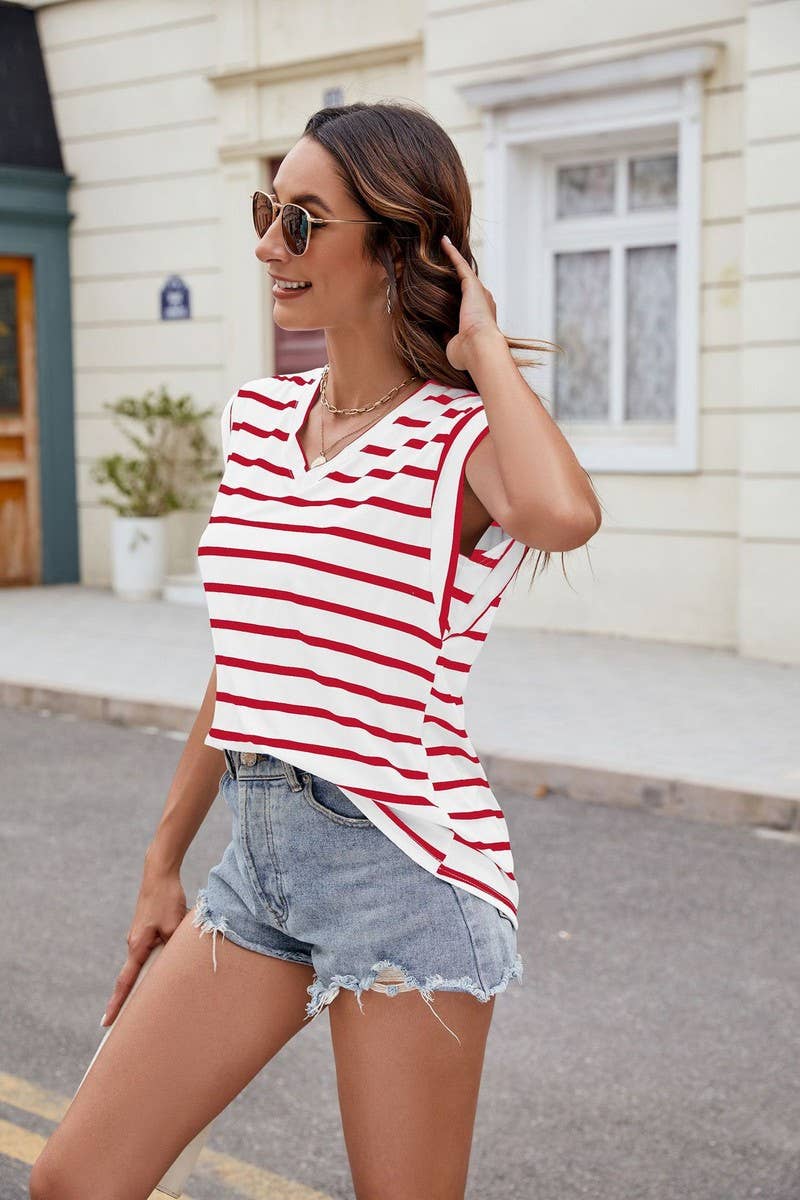 CWTBLS0863_V-NECK FLYING SLEEVE STRIPED CASUAL T-SHIRT VEST