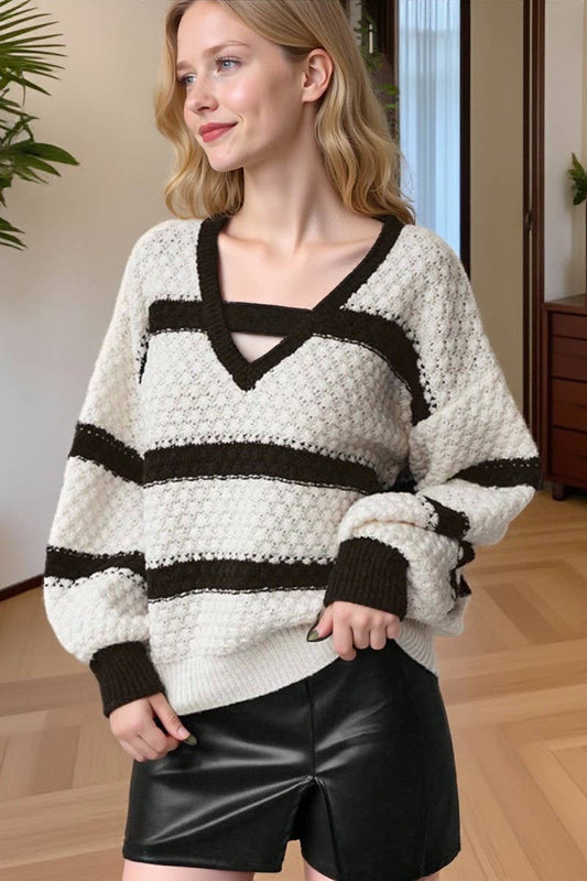 CWOSWL07368_LOOSE COLORBLOCK V NECK LANTERN SLEEVE KNIT TOP