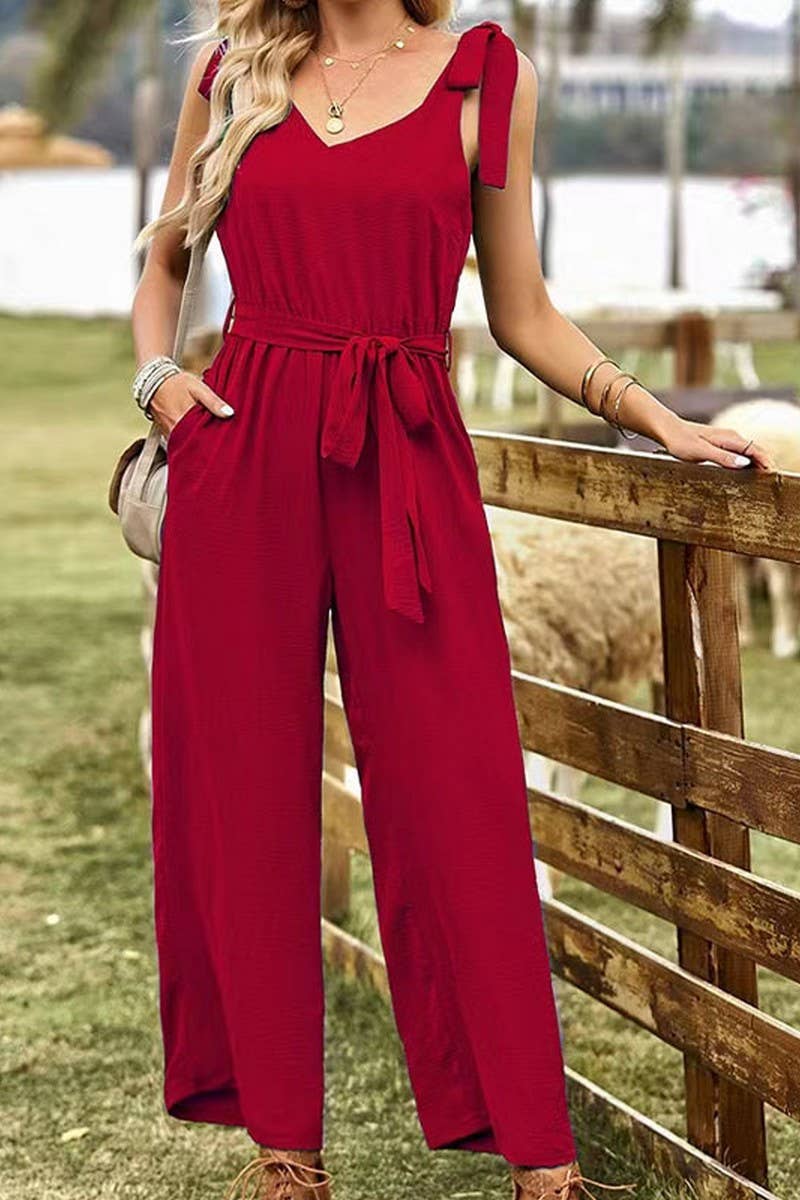 CWSJS1587_SOLID COLOR SLEEVELESS TIE WAIST JUMPSUIT