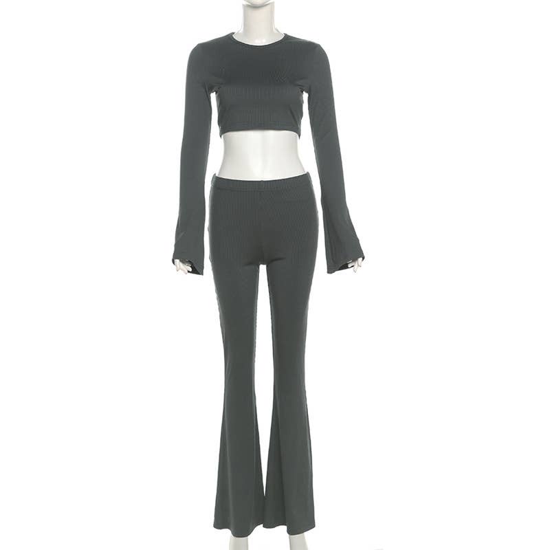 Bell Sleeve Crop Top & High Waist Flare Pants Set