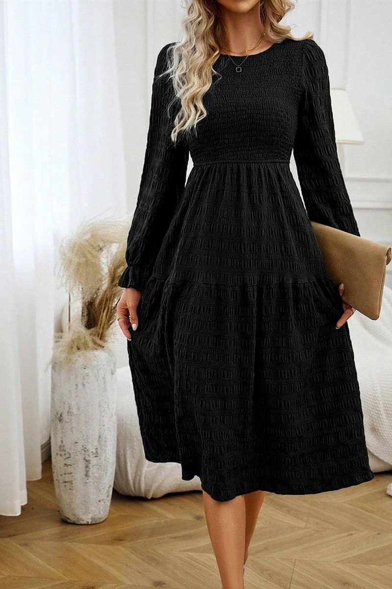 CWDMD4032_SOLID COLOR COMMUTING ROUND NECK PLEATED DRESS