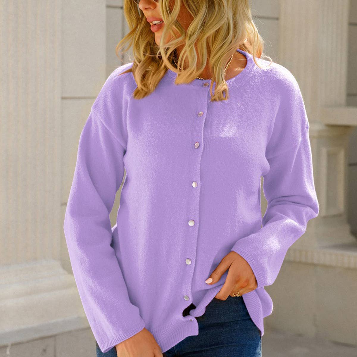 CREW-NECK STYLE BUTTON-KNIT SOLID COLOR CARDIGAN