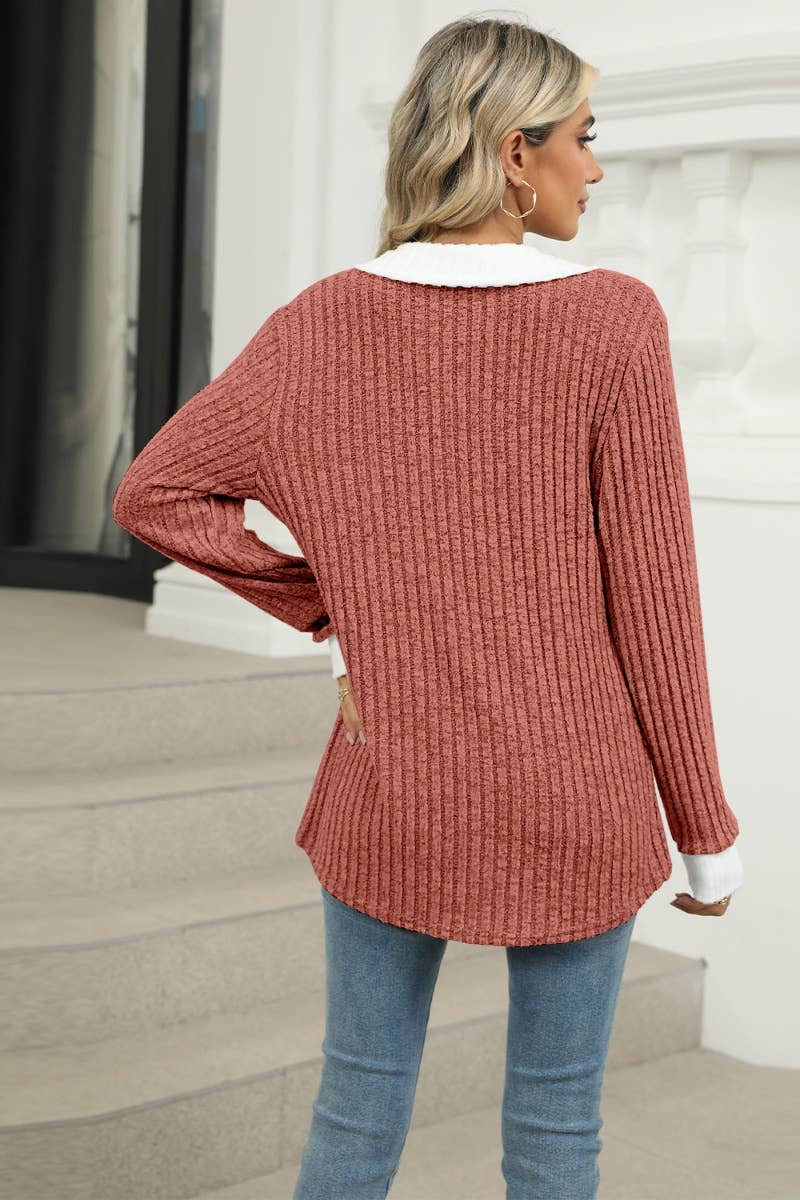 CWOSWL6610_WINTER V-NECK LONG-SLEEVED LAPEL SWEATER