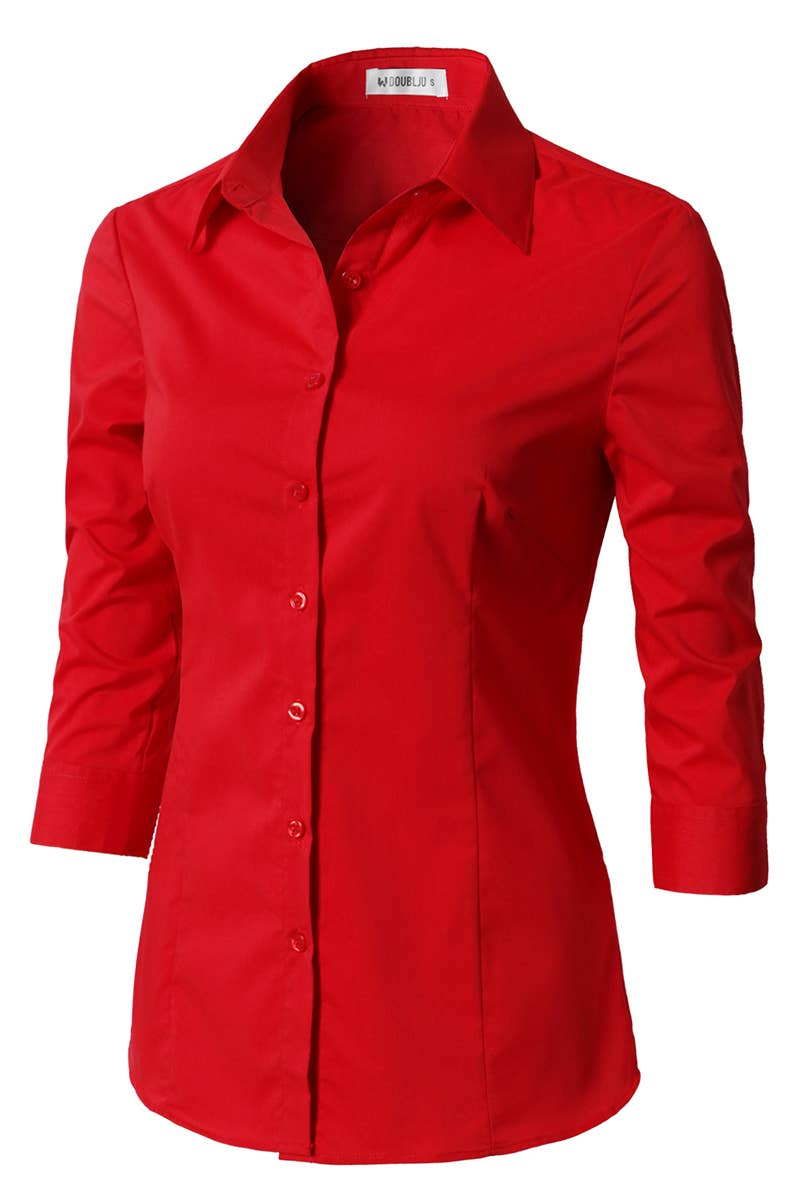 CWTSTS116_Basic Slim Fit Simple 3/4 Sleeve Button Down Shirt