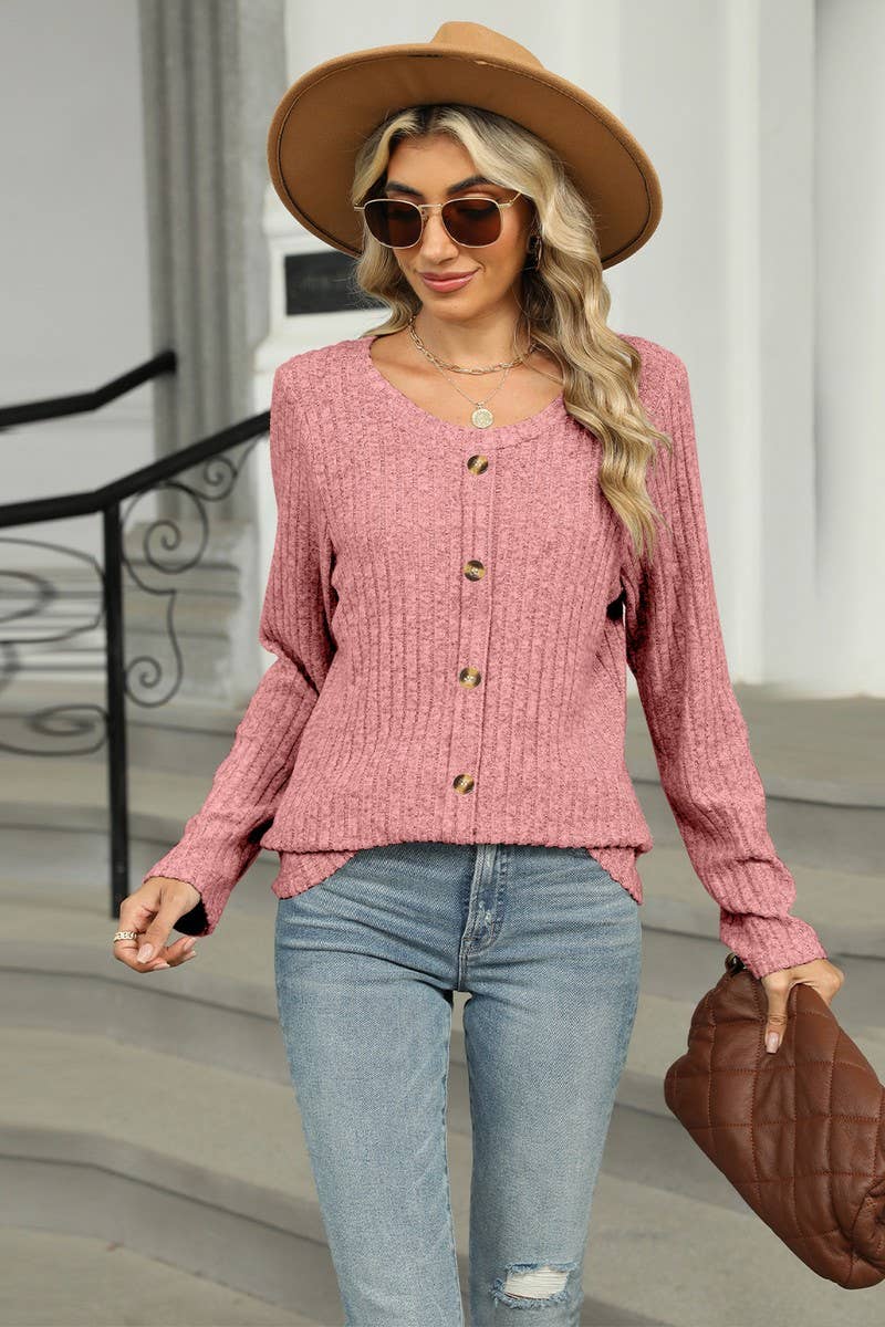 CWOSWL6831_SINGLE-BREASTED ROUND NECK LONG-SLEEVED LOOSE TOP