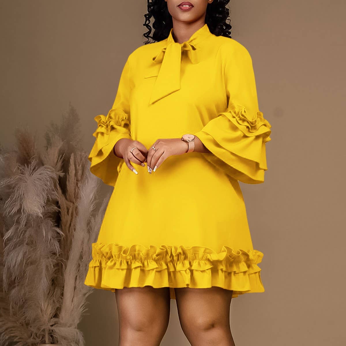 LOOSE CASUAL PLUS SIZE LOTUS LEAF SLEEVE TIE DRESS