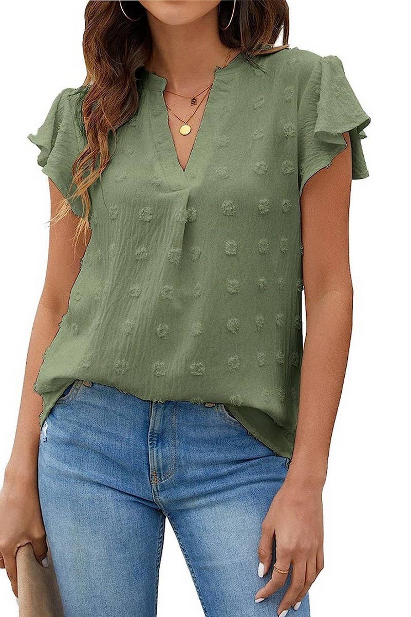 CWTBLS0606_V-NECK RUFFLED SLEEVE CHIFFON SHORT-SLEEVED TOP