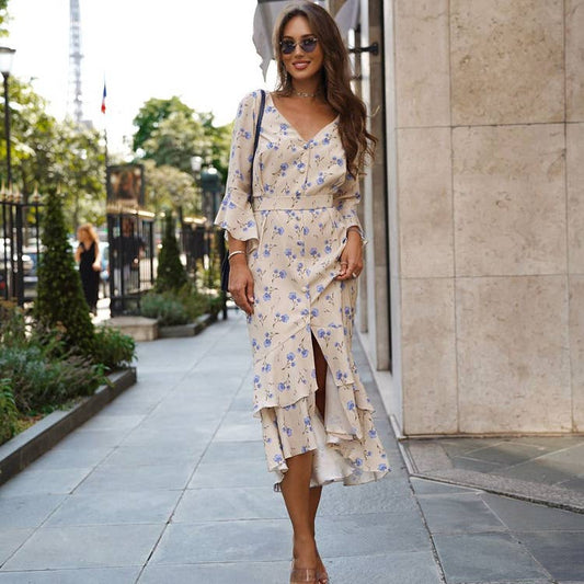 ASYMMETRICAL DESIGN V-NECK FLARED SLEEVE DRESS_CWDMD01096