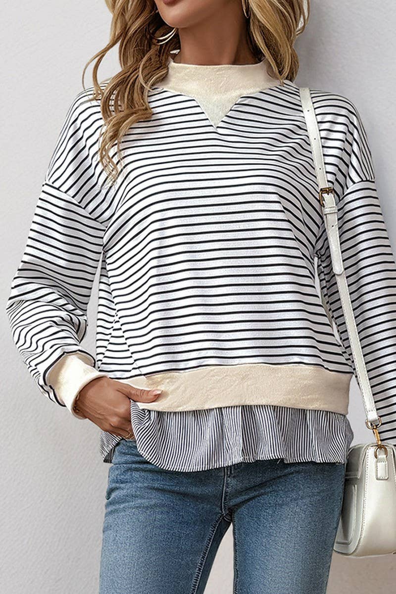 CWTBLL3741_ROUND NECK STRIPED PATCHWORK FAKE TWO-PIECE TOP
