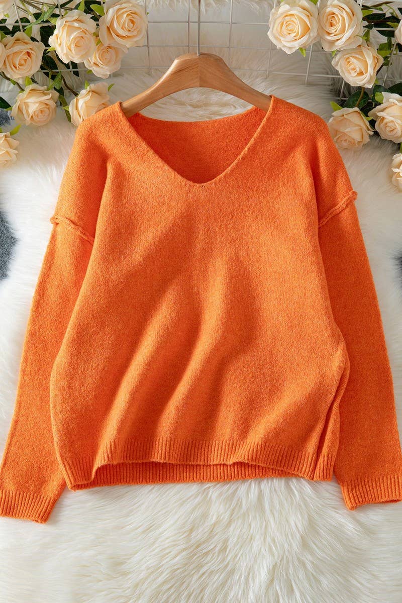 CWOSWL07455_DEEP V NECK PULLOVER LOOSE KNIT SWEATER