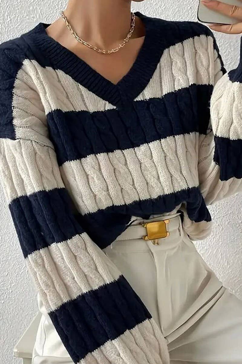 CWOSWL5806_V-NECK BRAIDED STRIPED CONTRAST SWEATER
