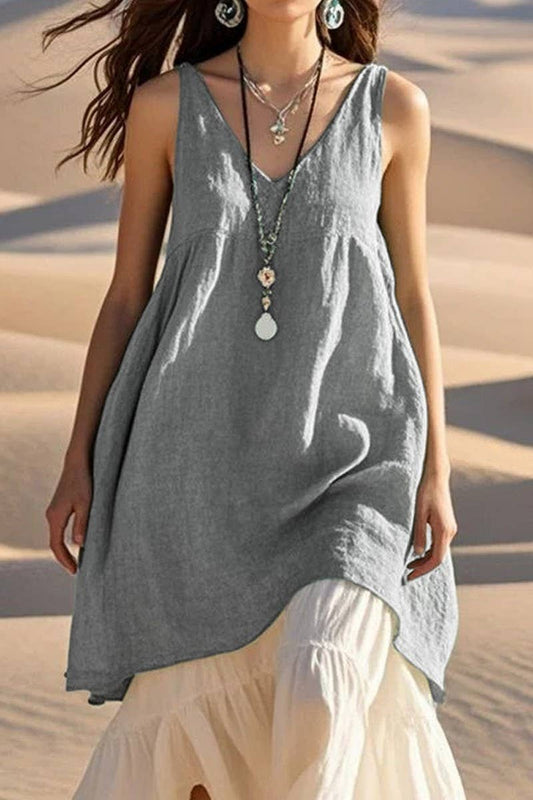 CWDSD8758_SLEEVELESS V NECK SOLID LINEN BEACH DRESS