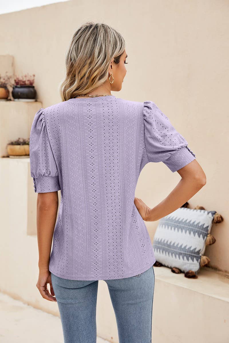 CWTBLS0615_ HOLLOW PUFF SLEEVES SHORT SLEEVED BLOUSE TOP