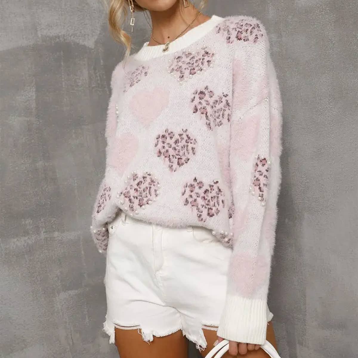 Beaded love pullover crew-neck sweater