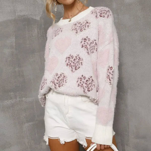 Beaded love pullover crew-neck sweater
