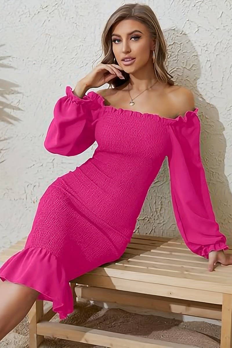CWDMD5376_SOLID COLOR RUFFLE LONG SLEEVE BODYCON MIDI DRESS