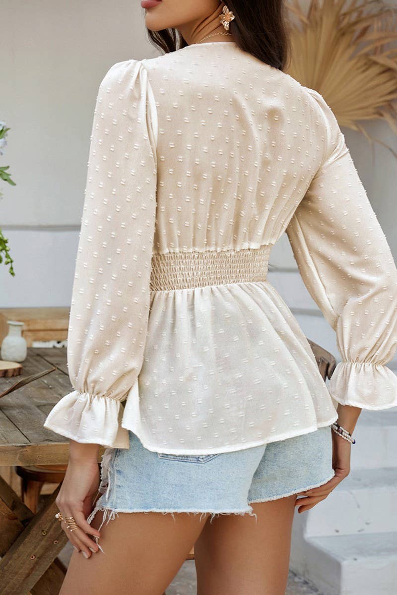 CWTBLL3592_V-NECK SOLID COLOR TIE WAIST TOP SHIRT