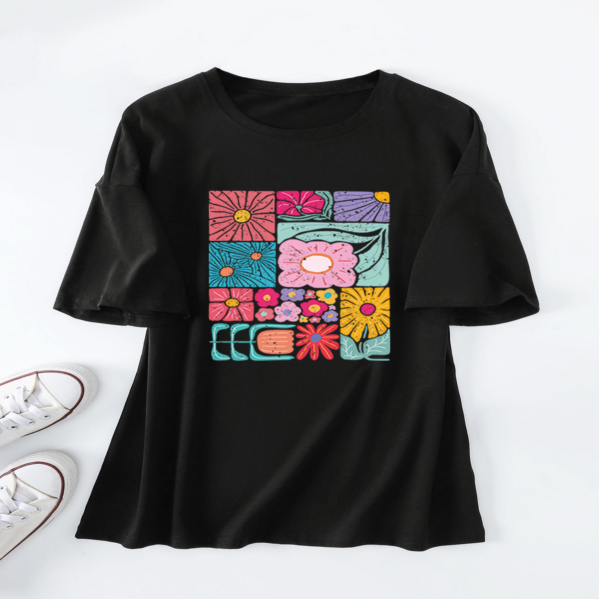 Women?™s Loose Fit Tee with Colorful Flowers_CWTTS1466