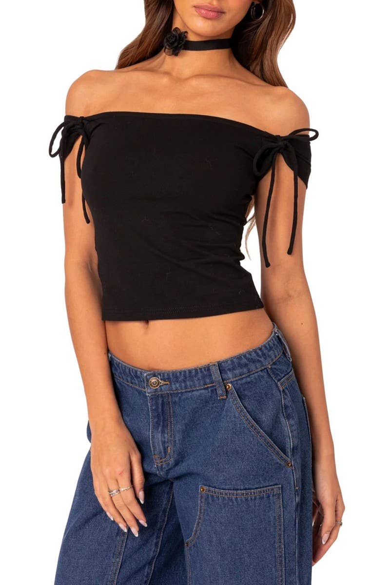 CWTBLSL0931_OFF SHOULDER SLEEVELESS TIE FRONT SEXY TOP
