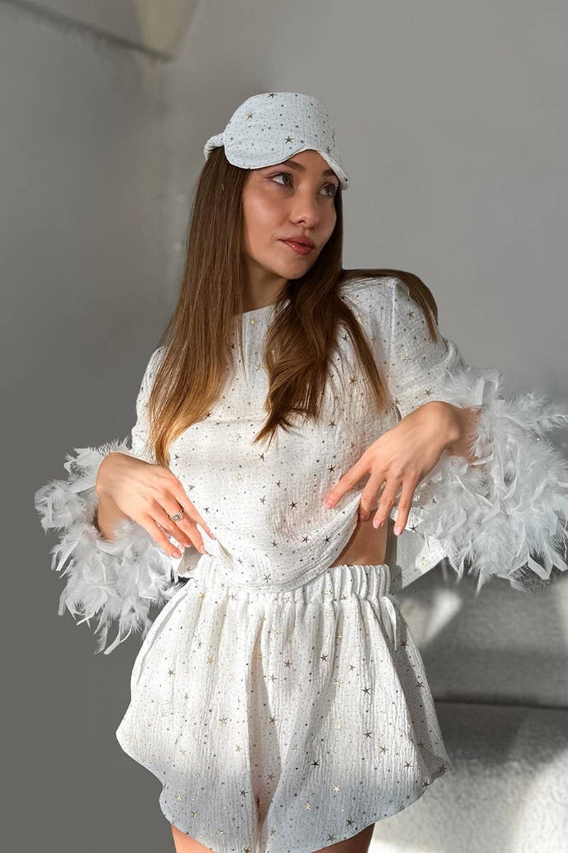 CWSPJ0311_PURE COTTON FEATHER LONG-SLEEVED SHORTS PAJAMAS