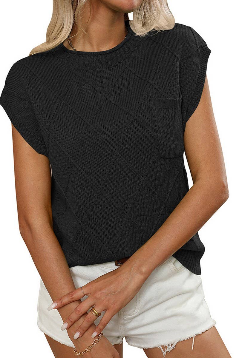 CWTTS1370_ROUND NECK DIAMOND CHECK KNITTED SHORT SLEEVES