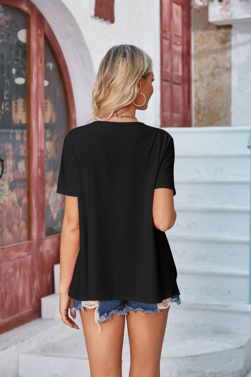 CWTBLS1113_SOLID COLOR HOLLOW CASUAL SHORT-SLEEVED CARDIGAN