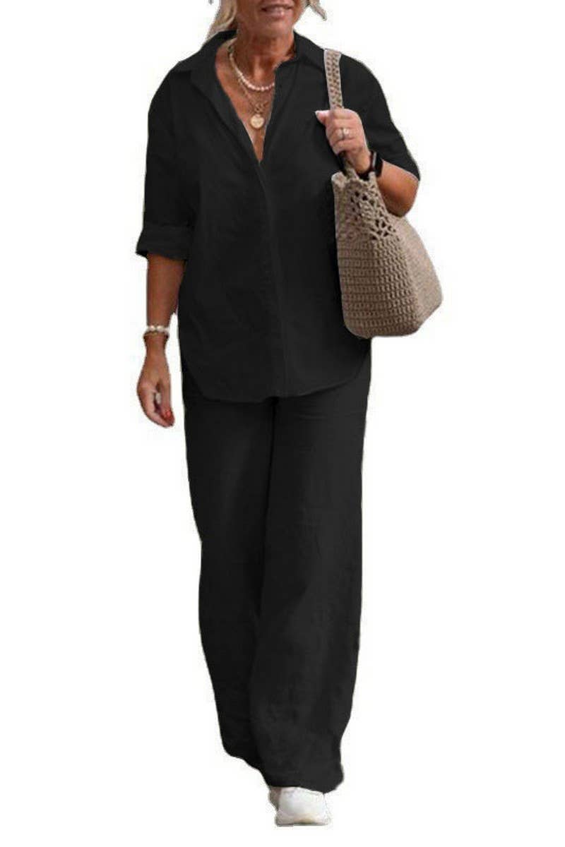 CWSTB00382_SOLID LAPEL SHIRT AND WIDE LEG PANTS SET